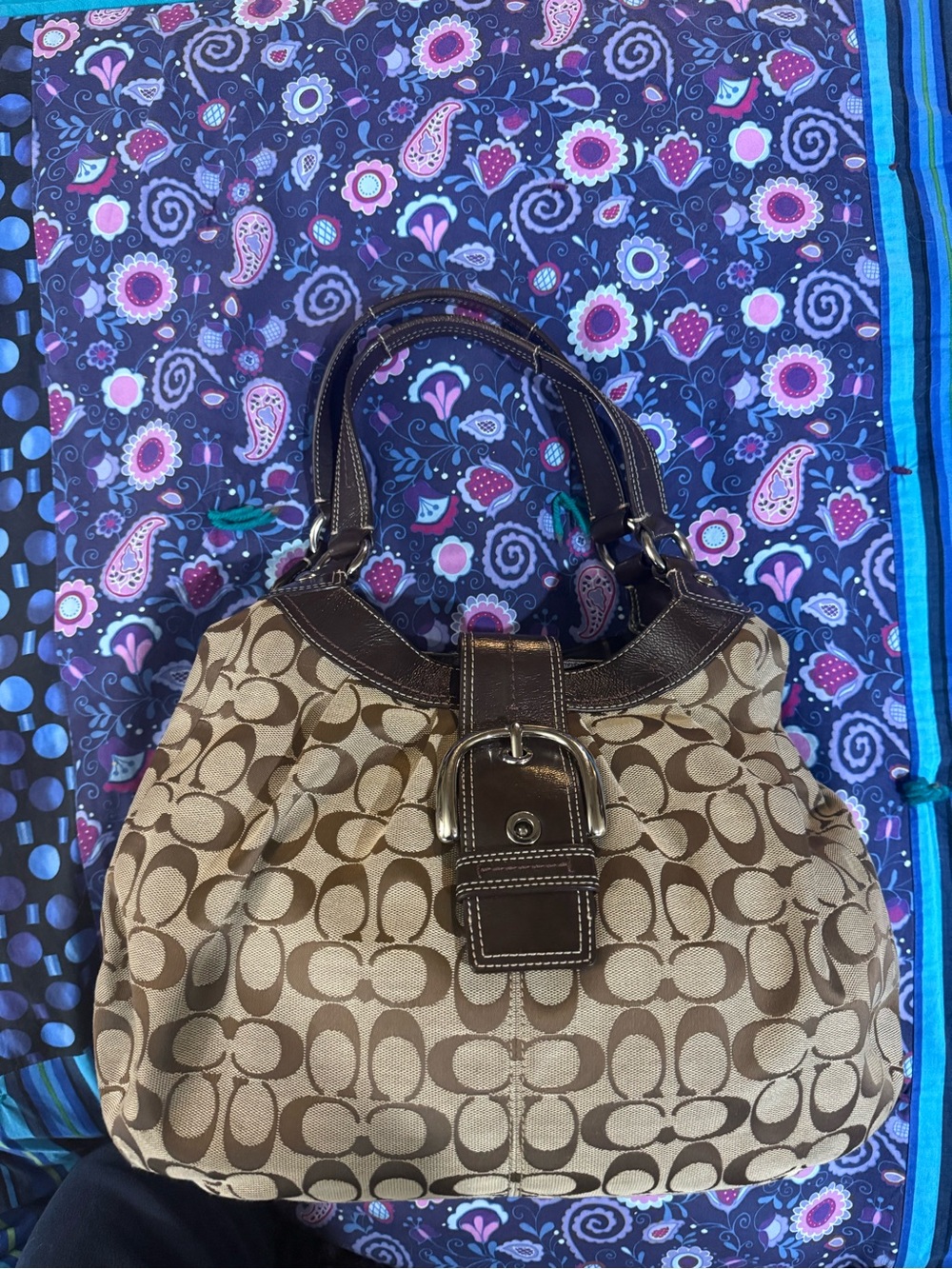 Coach Brown Khaki Signature Shoulder Bag with Buckle Trim